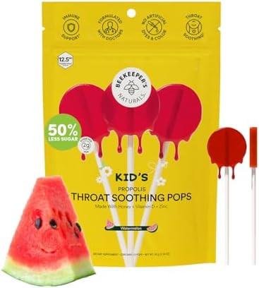 Beekeeper's Naturals Kids Throat Soothing Lollipops   Watermelon Doctor Formulated Immune Support  Under Sugar Vitamin D and  Honey