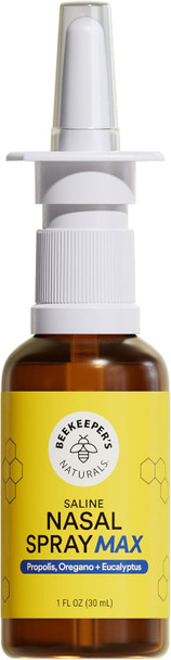 Beekeeper's Naturals Saline Nasal Spray Max Cleanse and Clear Sinuses 30 ml  w/ Saline, Eucalyptus and  Oregano For Adults, Cleanses and  Moisturizes Sinus Canal Clears Everyday Congestion