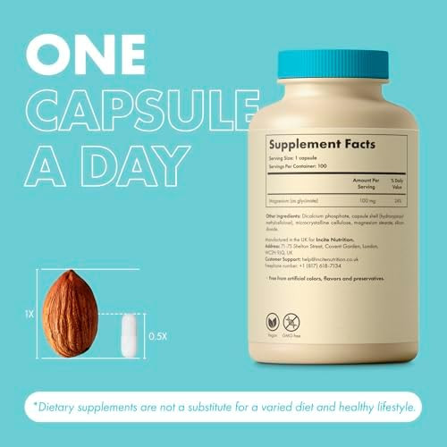 Magnesium Glycinat High Strength 100 Easy Swallow Capsules - Pure Magnsium Glycinate Supplement - Magnesium Supplements - Vegan and Gluten Free - Sleep Aid - Made in UK