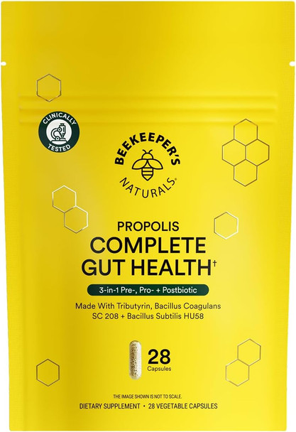 Beekeeper's Naturals Complete Gut Health, 3-in-1 Pre, Post, Probiotics 28ct | 3-in-1 Prebiotic, Postbiotic, Probiotics, For Women & Men, Propolis Powered, Gluten-Free Vegan Capsules