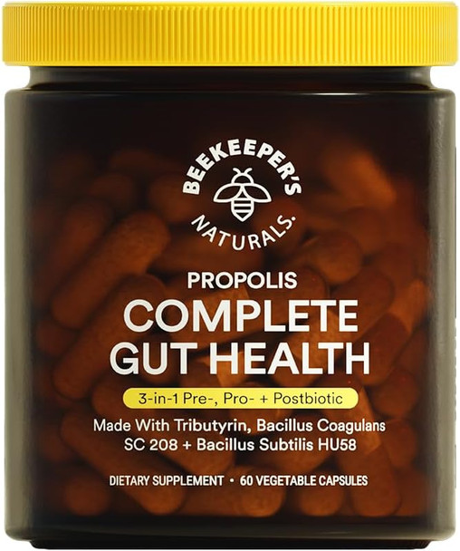 Beekeeper's Naturals Complete Gut Health, 3-in-1 Pre Post Probiotics 60ct 3-in-1 Prebiotic  Postbiotic Digestive Health and  Bloating Relief for Women and Men  Propolis Powered