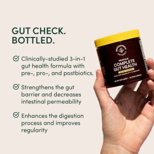 Beekeeper's Naturals Complete Gut Health, 3-in-1 Pre Post Probiotics 60ct 3-in-1 Prebiotic  Postbiotic Digestive Health and  Bloating Relief for Women and Men  Propolis Powered
