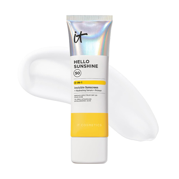 IT Cosmetics Hello Sunshine Hydrating Serum Facial Sunscreen SPF 50 | 3-in-1 Daily Face Sunscreen + Hydrating Serum + Makeup Primer - No White Cast, Sun + Pollution Protection for Face and Neck