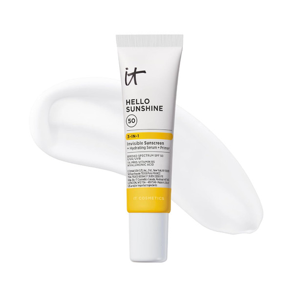 IT Cosmetics Hello Sunshine Hydrating Serum Facial Sunscreen SPF 50 | 3-in-1 Daily Face Sunscreen + Hydrating Serum + Makeup Primer - No White Cast, Sun + Pollution Protection for Face and Neck