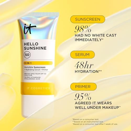 IT Cosmetics Hello Sunshine Hydrating Serum Facial Sunscreen SPF 50 | 3-in-1 Daily Face Sunscreen + Hydrating Serum + Makeup Primer - No White Cast, Sun + Pollution Protection for Face and Neck