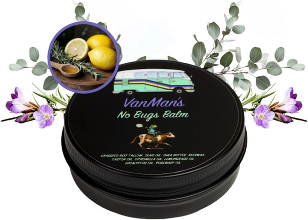 The VanMan Company  Vanman's - Bug Balm - Bug-Repellent Balm with Grass-Fed Finished Beef Tallow for Skin Organic Cold Pressed Extra Virgin Olive Oil Shea Butter Castor Oil Beeswax and Essential Oils