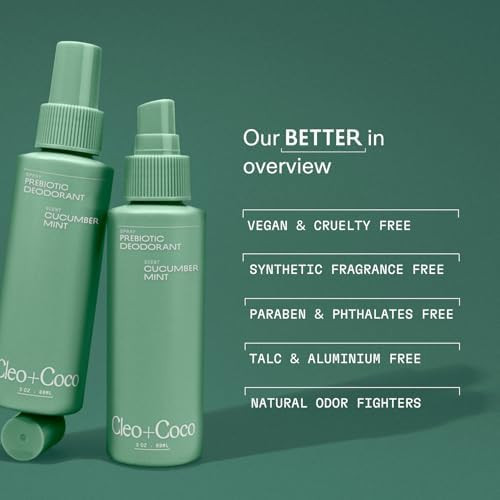 Cleo+Coco Prebiotic Deodorant Spray Cucumber Mint  Multi Use Deodorizing and  Soothing Body Spray for Women and Men Aluminum Free and  Vegan Whole Body Deodorant
