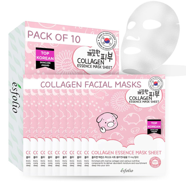 esfolio Essence Sheet Mask Hydrating and Firming Face Mask for Glowing Skin  Anti Aging Korean Skincare with Hydrolyzed Collagen and Hyaluronic Acid  Moisturizing Facial Mask (Pack of 10)