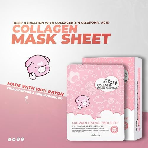 esfolio Essence Sheet Mask Hydrating and Firming Face Mask for Glowing Skin  Anti Aging Korean Skincare with Hydrolyzed Collagen and Hyaluronic Acid  Moisturizing Facial Mask (Pack of 10)