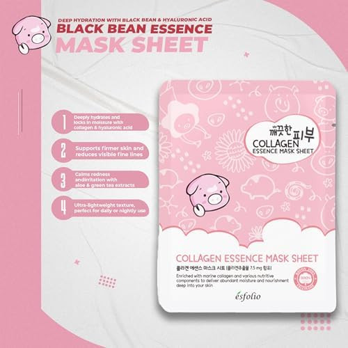 esfolio Essence Sheet Mask Hydrating and Firming Face Mask for Glowing Skin  Anti Aging Korean Skincare with Hydrolyzed Collagen and Hyaluronic Acid  Moisturizing Facial Mask (Pack of 10)