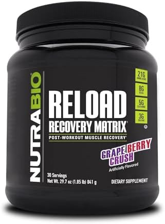 NutraBio Reload - Powerful Muscular Recovery Formula - Post-Workout Supplement - 3G Creatine -  BCAAs  Glutamine -  Servings Grape Berry Crush