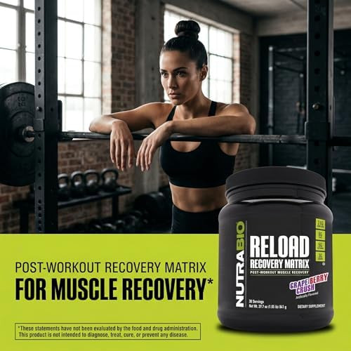 NutraBio Reload - Powerful Muscular Recovery Formula - Post-Workout Supplement - 3G Creatine -  BCAAs  Glutamine -  Servings Grape Berry Crush