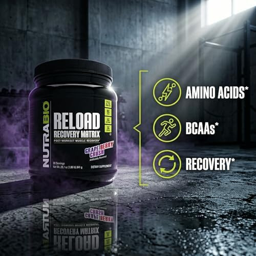 NutraBio Reload - Powerful Muscular Recovery Formula - Post-Workout Supplement - 3G Creatine -  BCAAs  Glutamine -  Servings Grape Berry Crush