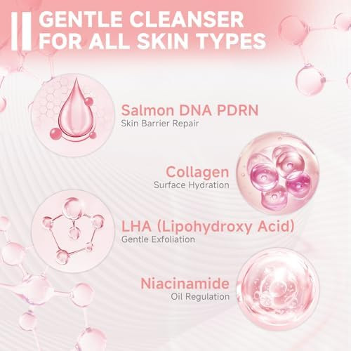 FluMisch Salmon DNA PDRN Facial Cleanser Low pH Hydrating Daily Foaming Face Wash with Soft Massage Heads  PDRN Collagen and LHA Gentle Pore Care and Radiant Balanced Looking Skin  4.23 oz