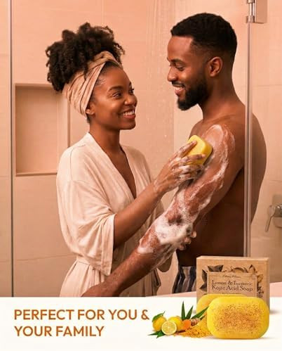KlearBloom Lemon Turmeric Kojic Acid Soap – Exfoliating Soap with Almond Particles, Vitamin C and Extra Shea Butter, Gentle Brightening & Moisturizing for Face and Body – 105g