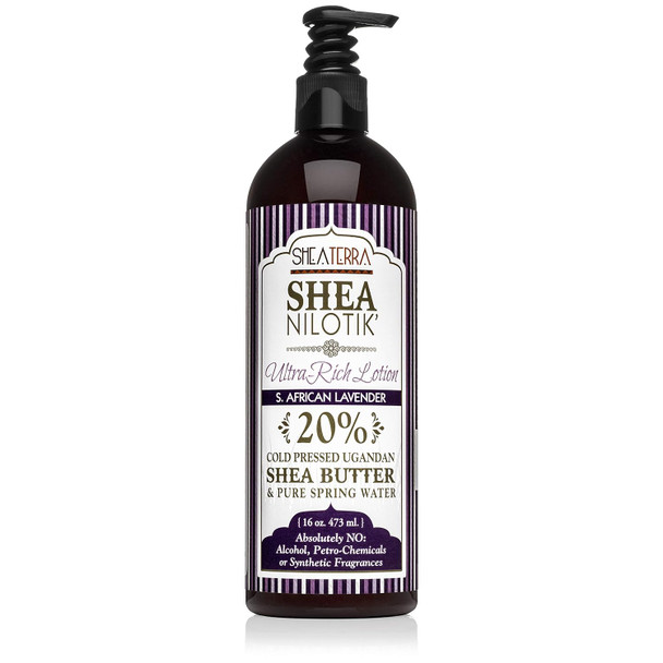 Shea Terra Organics Nilotik’ Shea Butter Ultra-Rich Lotion – S. African Lavender | Natural Daily Moisturizer that Offers Stress Relief & Skin Cell Rejuvenation with Antioxidants to Protect Skin– 16 oz