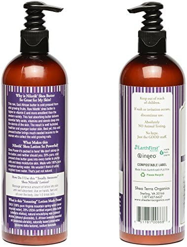Shea Terra Organics Nilotik’ Shea Butter Ultra-Rich Lotion – S. African Lavender | Natural Daily Moisturizer that Offers Stress Relief & Skin Cell Rejuvenation with Antioxidants to Protect Skin– 16 oz