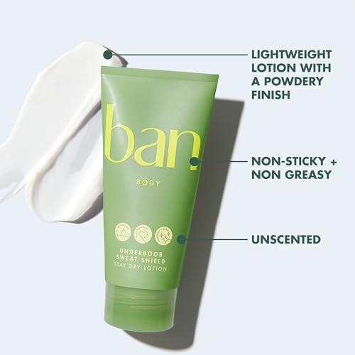 Ban Underboob Sweat Shield Stay Dry Lotion, Safe for Sensitive Skin, Free of Aluminum, Baking Soda & Talc, Soothing Aloe & Calendula, Unscented, 2.5 Oz
