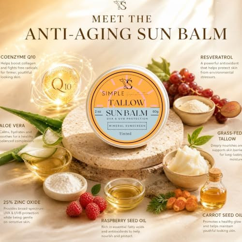 Simple Sophistication  Tinted Mineral Sunscreen SPF 50+ for Face  Zinc Oxide with Grass-Fed Beef Tallow  Reef Safe Daily Facial Sunscreen  Anti-aging with CoQ10+Resverat rol No White Cast  Sensitive Skin