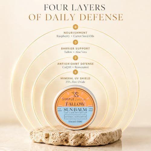 Simple Sophistication  Tinted Mineral Sunscreen SPF 50+ for Face  Zinc Oxide with Grass-Fed Beef Tallow  Reef Safe Daily Facial Sunscreen  Anti-aging with CoQ10+Resverat rol No White Cast  Sensitive Skin