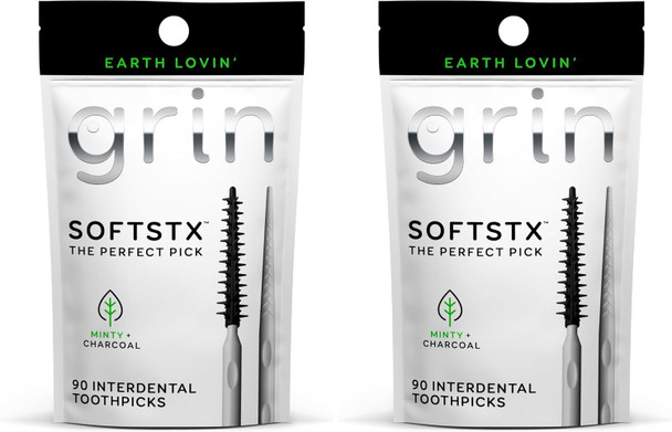 Grin Charcoal Infused Softstx Gentle Dental Picks Soft Flexible Bristles Textured Plaque Removing Toothpick Minty Flavor for Between Teeth Refillable Hygienic Case