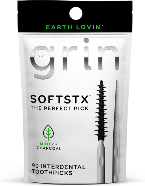 Grin Charcoal Infused Softstx Gentle Dental Picks Soft Flexible Bristles Textured Plaque Removing Toothpick Minty Flavor for Between Teeth Refillable Hygienic Case
