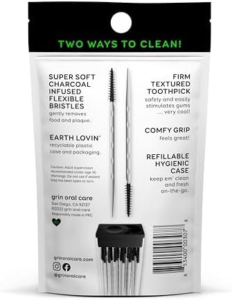 Grin Charcoal Infused Softstx Gentle Dental Picks Soft Flexible Bristles Textured Plaque Removing Toothpick Minty Flavor for Between Teeth Refillable Hygienic Case