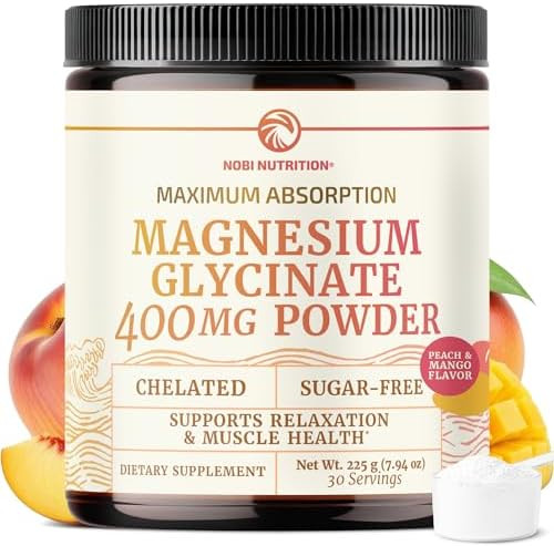 Nobi Nutrition  Magnesium Glycinate Powder 400MG Sleep and  Relaxation Support, Sugar-Free Tasty Peach Mango Flavor  High Absorption Chelated Magnesium Powder, Vegan Gluten-Free Non-GMO 30 Servings, 225g (7.94oz)