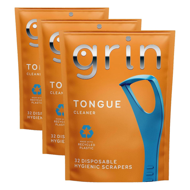 GRIN Tongue Cleaner Disposable Tongue CleanerHygienic Scraper Recycled Plastic Clean Tongue Promote Fresh Breath Includes Safe Fold- Back Tooth Pick
