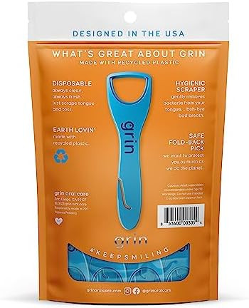 GRIN Tongue Cleaner Disposable Tongue CleanerHygienic Scraper Recycled Plastic Clean Tongue Promote Fresh Breath Includes Safe Fold- Back Tooth Pick