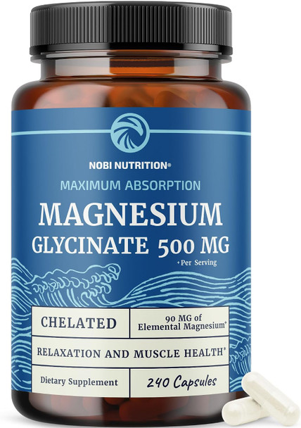 Nobi Nutrition Magnesium Glycinate 500mg  High Absorption  Sleep and Muscle Health Support  Bone Heart Health and Relaxation Support for Women and  Men Chelated Mag Glycinate Magnesium Supplement  Non-GMO