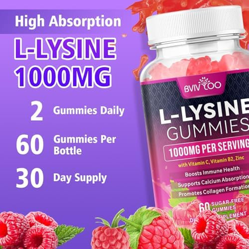 BVIVLOO L-Lysine 1000mg Gummies for Immune Support & Skin Health - High Potency Vegan, Sugar-Free, Gluten-Free Supplement with Natural Raspberry Flavor for Adults & Kids