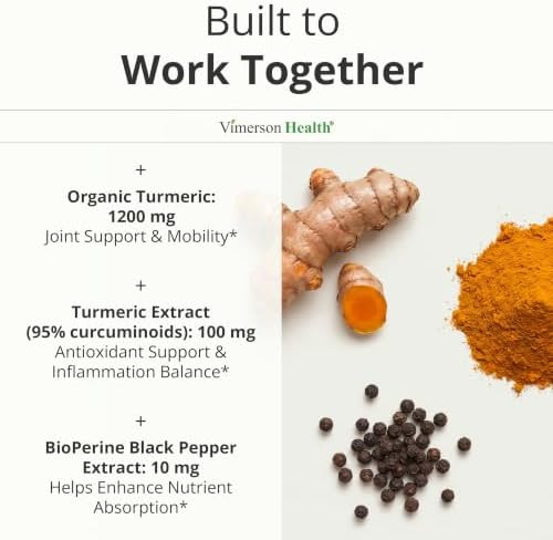 Vimerson Health Turmeric Curcumin Supplement – 1200mg Organic Turmeric Curcumin with Black Pepper Extract for Max Absorption – Digestive  and Joint Supplements for Men and Women w. Tumeric Extract and Bioperine