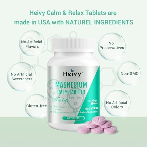 Heivy Kids Magnesium Glycinate 100mg and  Vitamin B6 Age 4+ 60 Servings  Support Calm and  Relax Calm Mind and Body Vegan Gluten Free Made in USA