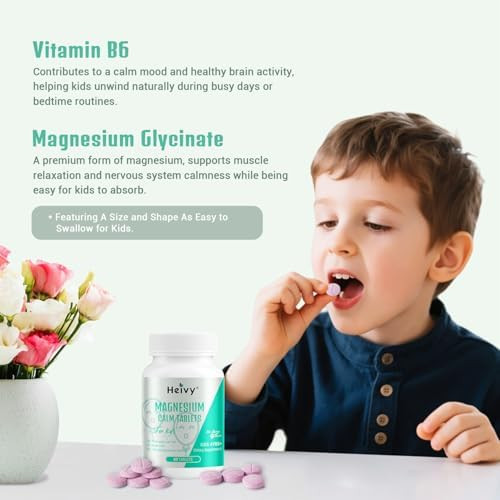 Heivy Kids Magnesium Glycinate 100mg and  Vitamin B6 Age 4+ 60 Servings  Support Calm and  Relax Calm Mind and Body Vegan Gluten Free Made in USA