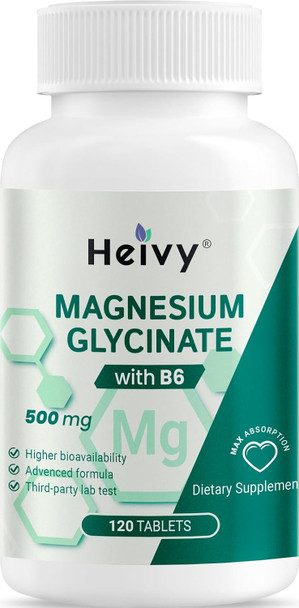 Heivy Pure Magnesium Glycinate 500mg 120 Tablets Made in USA 100% Chelated and  Purified Supports Nerve Relief Sleep Aid &and Muscle Support Vegan and Non GMO  3rd Party Tested