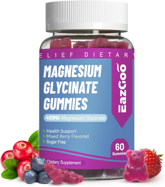 EAZGOO Magnesium Glycinate Gummies 400mg with Magnesium L Threonate 200mg Sugar Free Magnesium Potassium Supplement with Vitamin D B6 CoQ10 for Muscle - 60 Mixed Berry Flavored Gummies