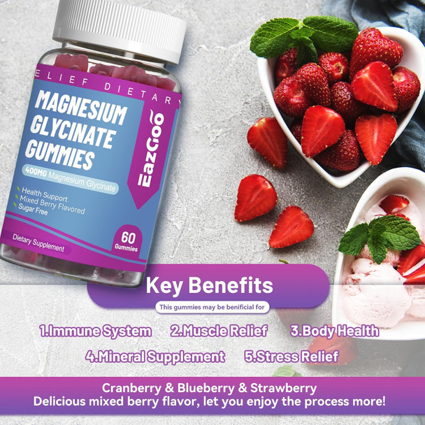 EAZGOO Magnesium Glycinate Gummies 400mg with Magnesium L Threonate 200mg Sugar Free Magnesium Potassium Supplement with Vitamin D B6 CoQ10 for Muscle - 60 Mixed Berry Flavored Gummies