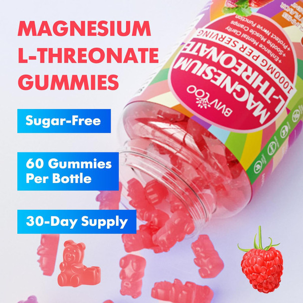 BVIVLOO 1000mg Magnesium L Threonate Gummies for Adults  Muscle and Nervous System Support Vegan Sugar Free Raspberry Flavor 60 Gummies