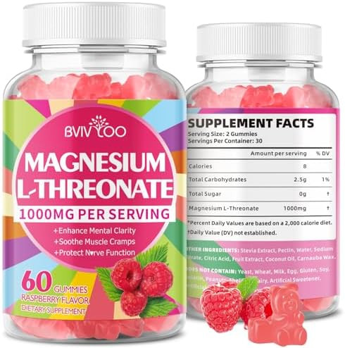 BVIVLOO 1000mg Magnesium L Threonate Gummies for Adults  Muscle and Nervous System Support Vegan Sugar Free Raspberry Flavor 60 Gummies