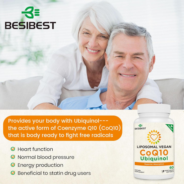 Besibest 1000mg Liposomal CoQ10 Ubiquinol, 60 Vegan Softgels, High Absorption Ubiquinol CoQ10 Supplement, Active Antioxidant Form of Coenzyme Q10 for Heart Function