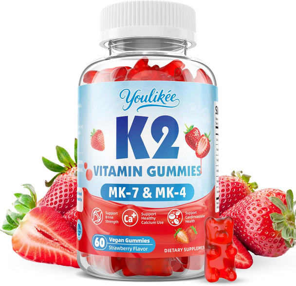 Youlikee  Sugar-Free Vitamin K2 Gummies Dual Formula Vitamin K2 Supplement with MK-7 & MK-4 Supports Bone Health Gluten-Free Sugar-Free Strawberry Flavor