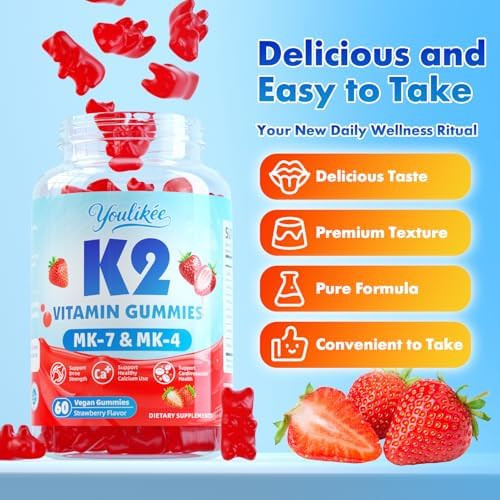 Youlikee  Sugar-Free Vitamin K2 Gummies Dual Formula Vitamin K2 Supplement with MK-7 & MK-4 Supports Bone Health Gluten-Free Sugar-Free Strawberry Flavor
