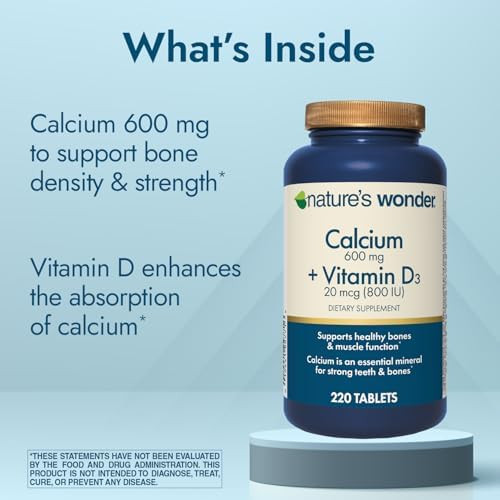 Nature's Wonder Calcium 600 mg with Vitamin D3 20 mcg for Bone Health  220 Tablets