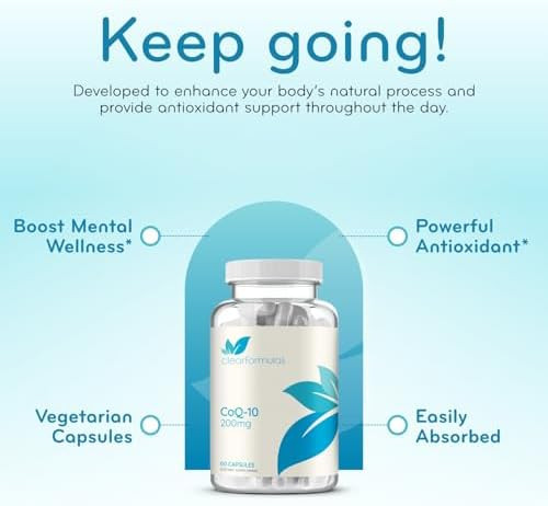 Clear Formulas Quick Absorption CoQ10 200mg - Coenzyme Q10 200mg Potent Antioxidant for Heart Energy and Aging Support - High Stability CoQ10 Ubiquinone Capsules - Made in a cGMP US Lab