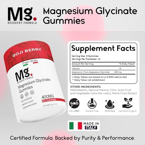 Pharmlitalia Magnesium Glycinate Gummies 400mg  Sleep Gummies for Kids and  Adults  Magnesium Glycinate Chewable High Absorption for Muscle Recovery Better Sleep and Relaxation