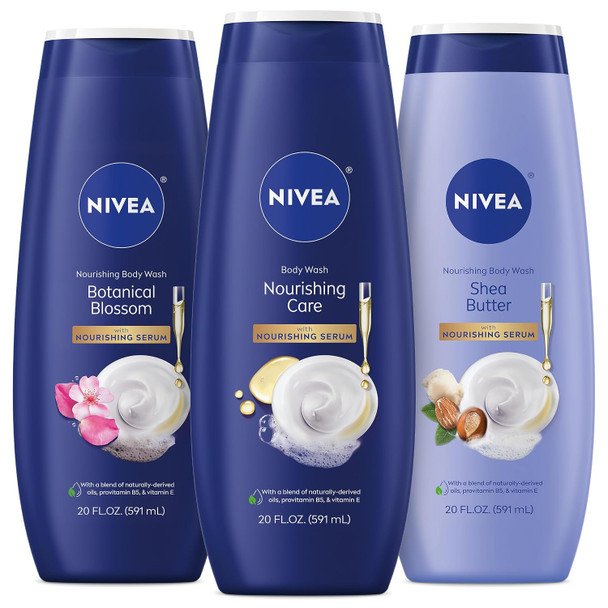 NIVEA Nourishing Body Wash Set with Nourishing Serum Variety Pack 3 Items