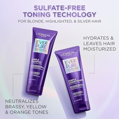 L'Oreal Paris EverPure Purple Shampoo and Conditioner Set, Sulfate-Free Brass Toning for Blonde, Bleached, Highlighted, Silver or Gray Color-Treated Hair13.6 Fl Oz Set