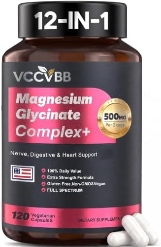 VCCVBB Magnesium Glycinate 500mg, 12-in-1 Magnesium Complex, 120 Capsules | Includes Magnesium Glycinate, Citrate, Taurate, Orotate and other complementary magnesium forms for daily nutrition