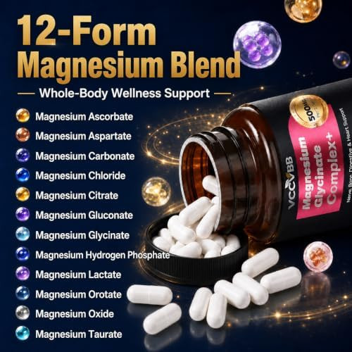VCCVBB Magnesium Glycinate 500mg, 12-in-1 Magnesium Complex, 120 Capsules | Includes Magnesium Glycinate, Citrate, Taurate, Orotate and other complementary magnesium forms for daily nutrition